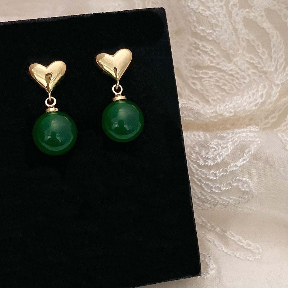 Women's Green Chalcedony Love Heart Stud Earrings