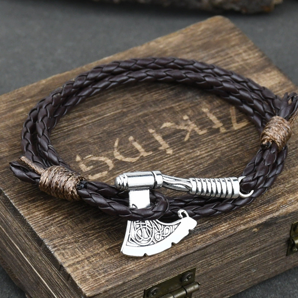 Men's Ax Wrap Anchor Viking Leather Bracelet