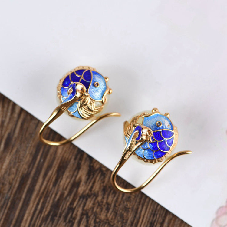 Natural Hetian Burnt Blue Carp Earrings