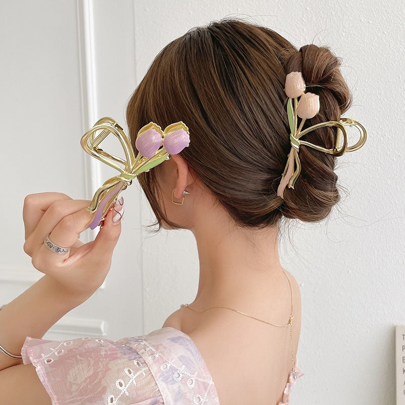 Oil Dripping Tulip Metal Grip Back Head Elegant Hair Clip