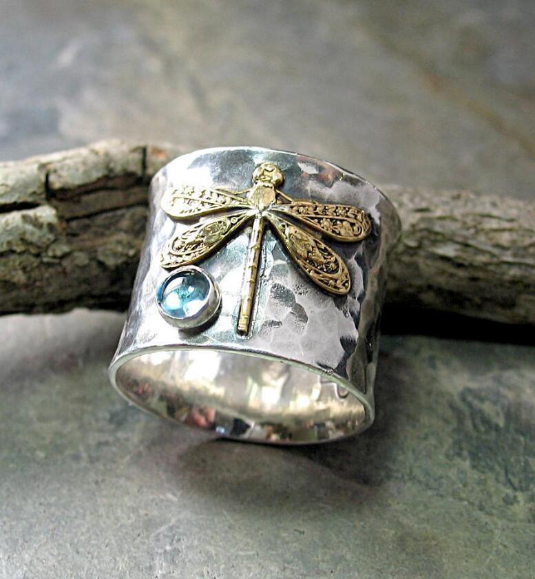 Fashionable Retro Aquamarine Dragonfly Ring