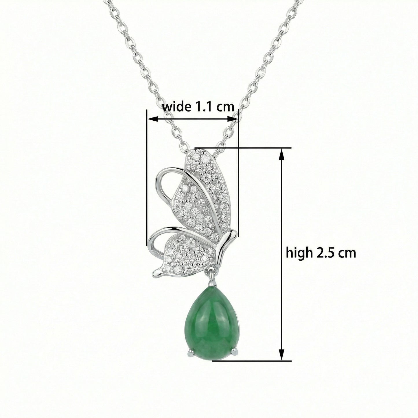 925 Sterling Silver Elegant Silver Butterfly Necklace with Sparkling Pave Accents and a Green Teardrop Gemstone