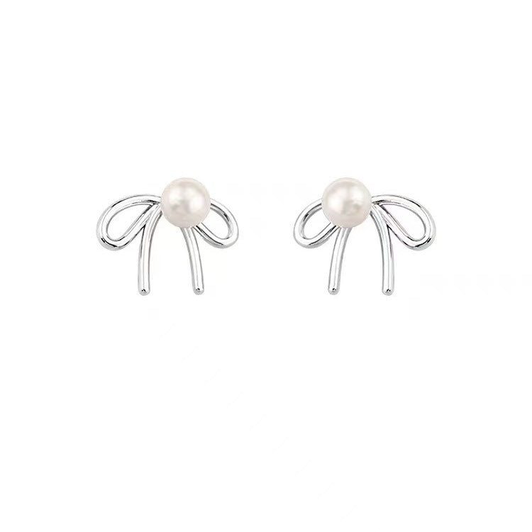 925 Sterling Silver Light Luxury Shell Pearls Bow Stud Earrings