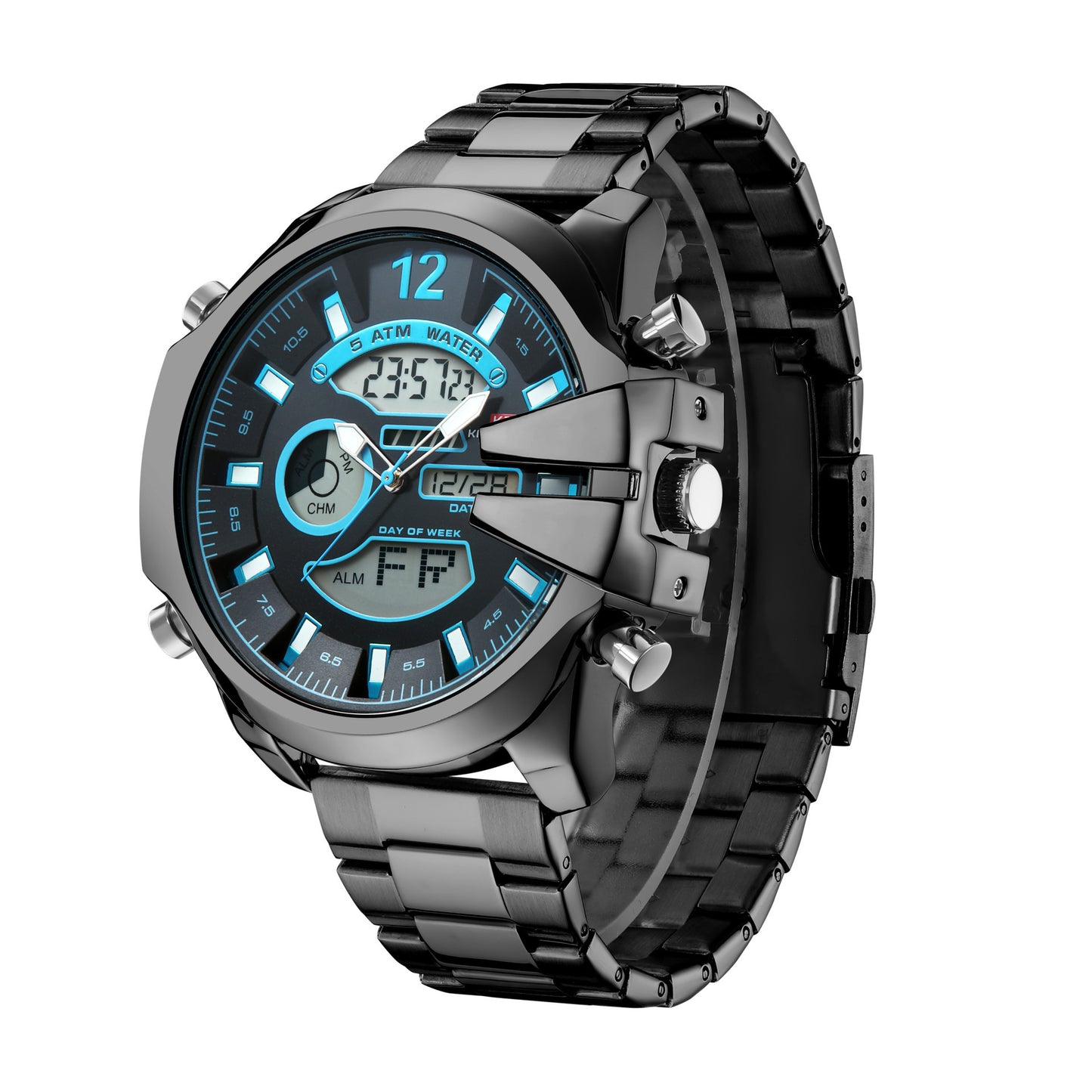 Men's Double Display Alarm Clock Led Sports Steel Watch Waterproof