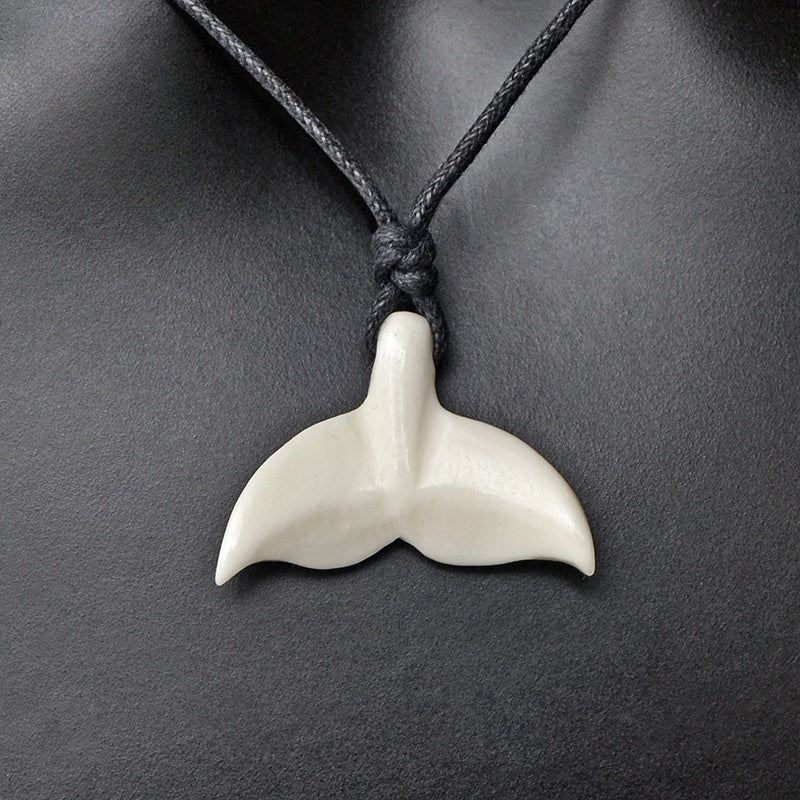 Hand Carved Whale Tail Tibet Yak Bone Pendant Necklace