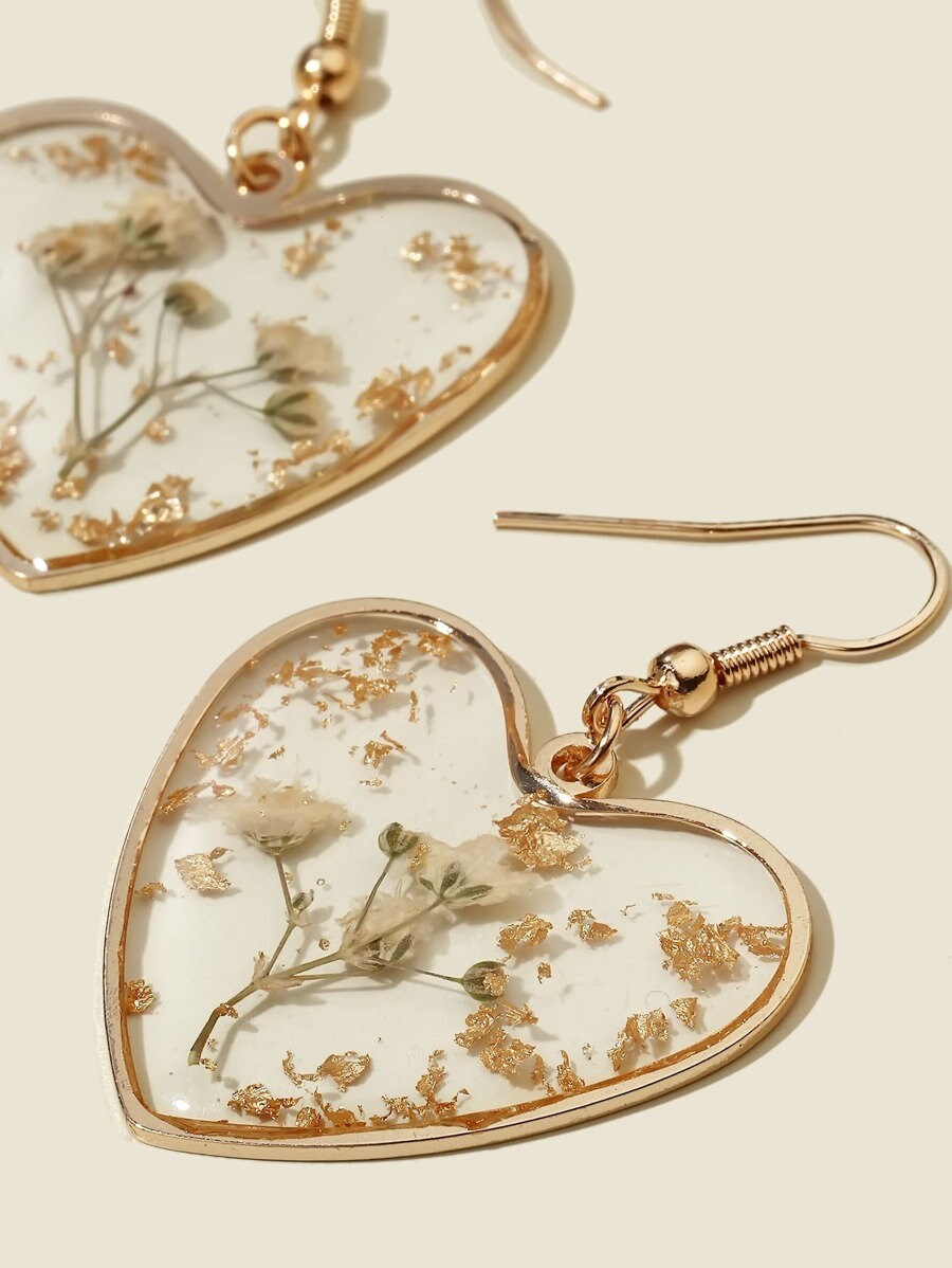 Flower Design Heart Charm Drop Earrings