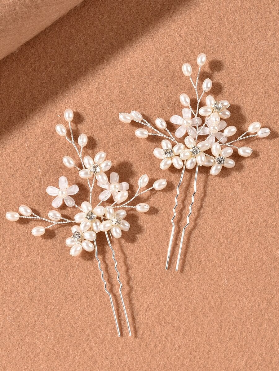 2pcs Faux Pearl Flower Hair Pin