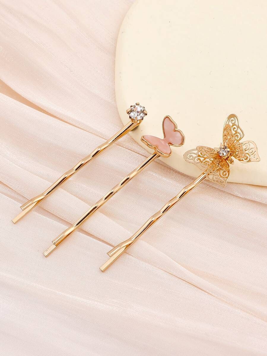 3pcs Rhinestone & Butterfly Bobby Pin