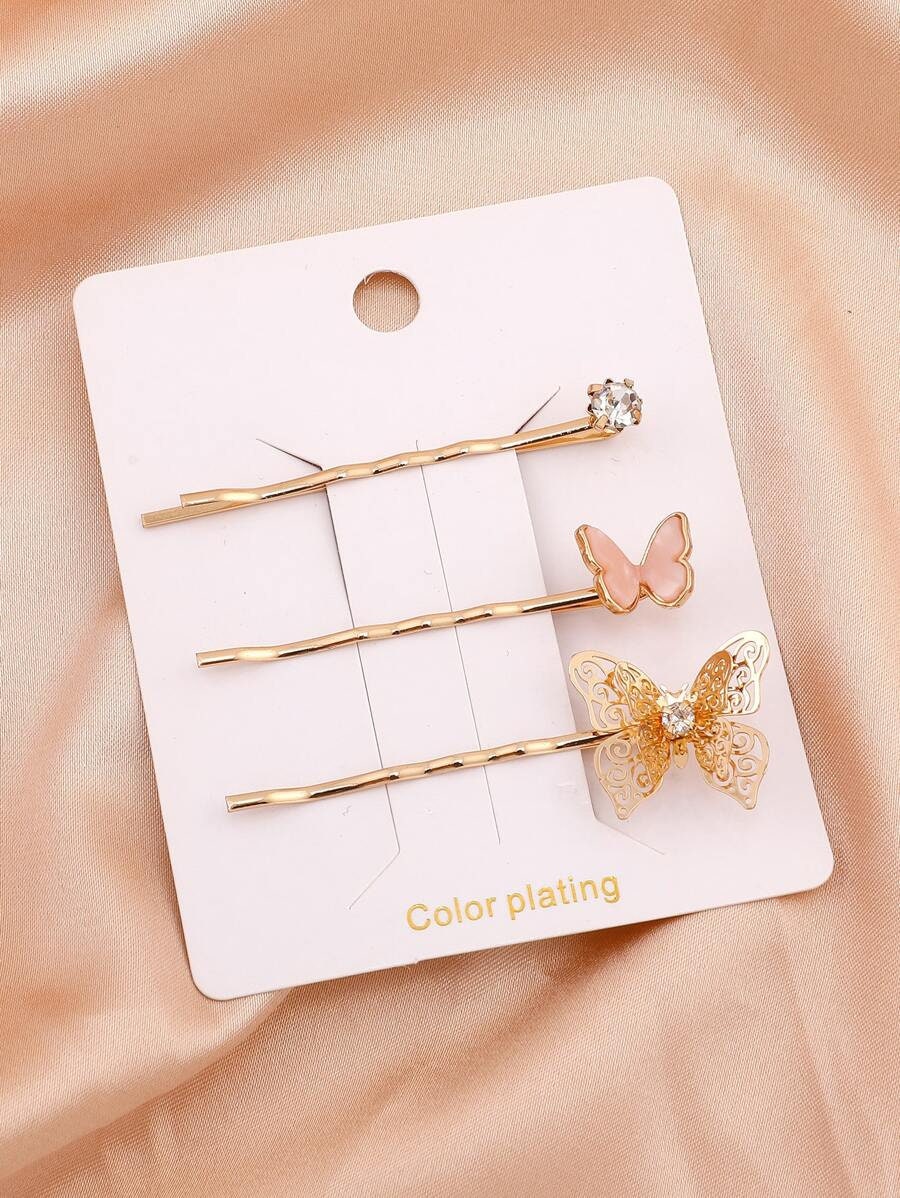 3pcs Rhinestone & Butterfly Bobby Pin