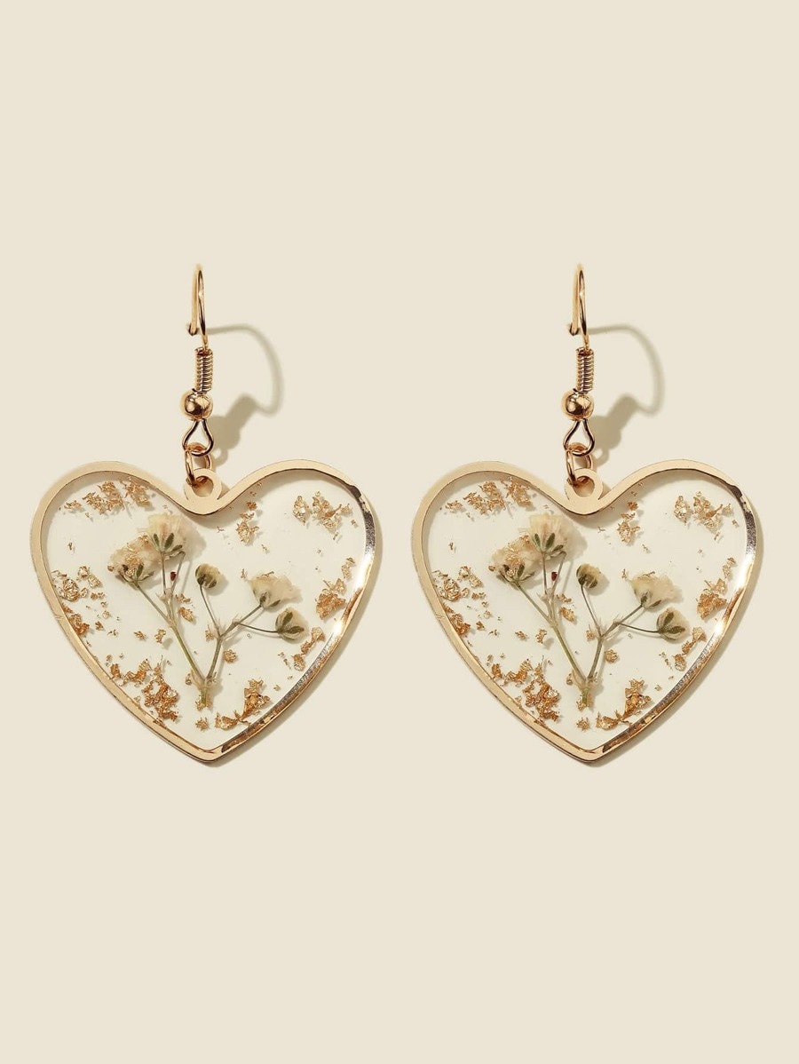 Flower Design Heart Charm Drop Earrings