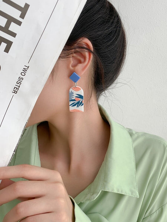 Leaf Print Geometric Drop Earrings