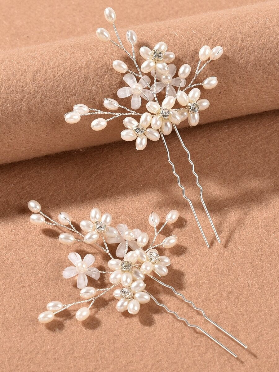 2pcs Faux Pearl Flower Hair Pin