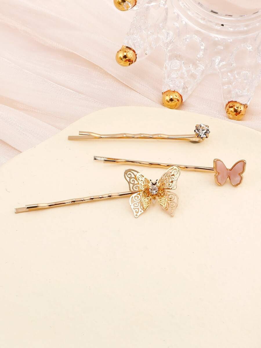 3pcs Rhinestone & Butterfly Bobby Pin