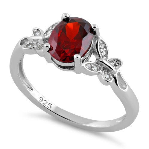 Sterling Silver Butterfly Garnet Center Stone CZ Ring