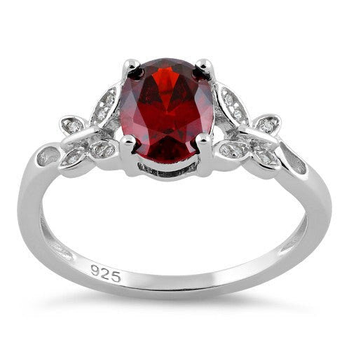 Sterling Silver Butterfly Garnet Center Stone CZ Ring