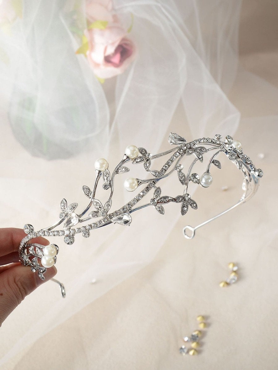 Rhinestone Leaf & Faux Pearl Bridal Headband