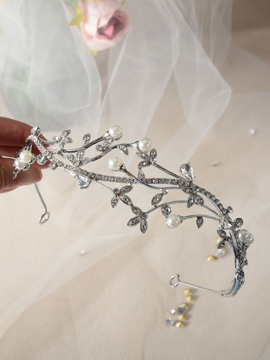Rhinestone Leaf & Faux Pearl Bridal Headband