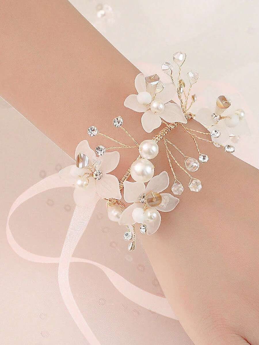 Faux Pearl & Flower Wrist Corsage