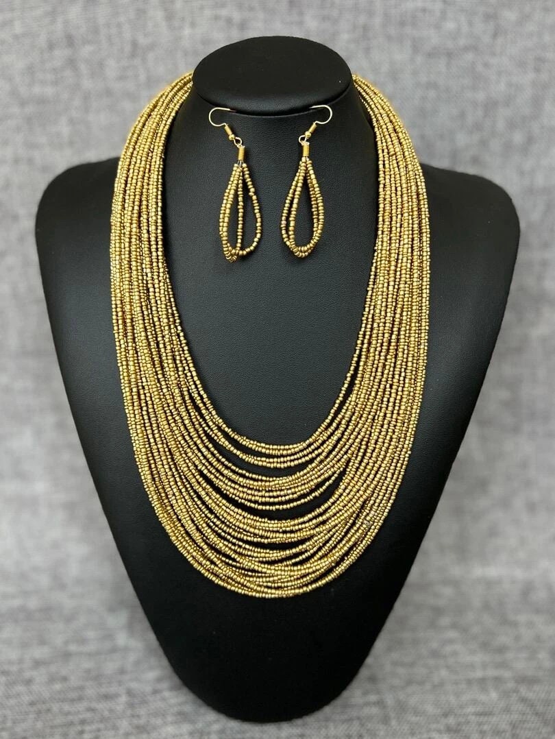 Beaded Layered Necklace & Drop Earrings